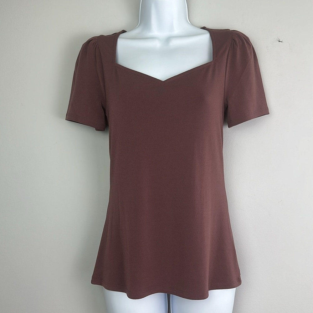 NEW Express Mauve Short Puff Sleeve Top Size S Stretch Textured Career Blouse